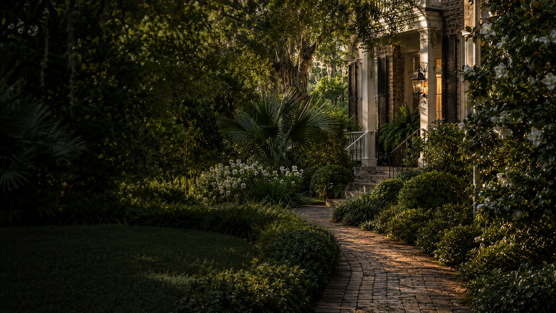 Landscaped brick approach leading through a Charleston garden to a warmly lit residential entrance.