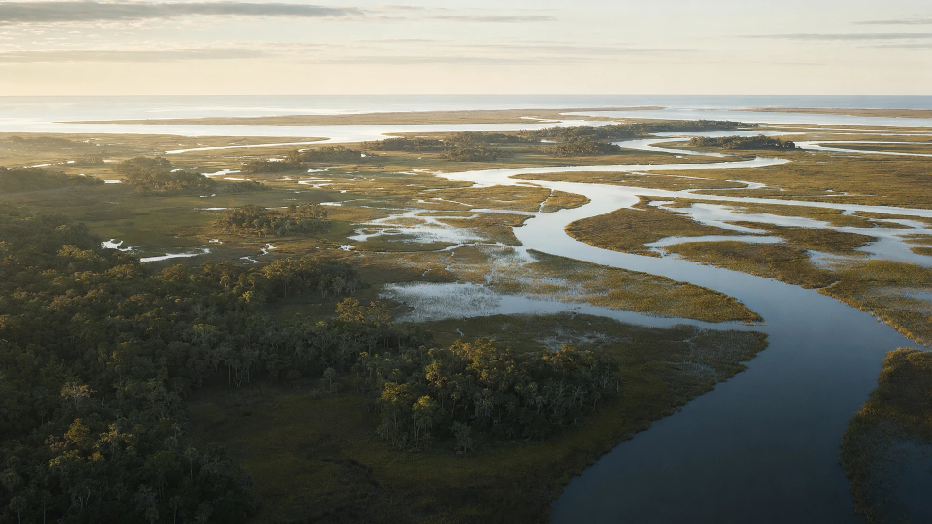 Aerial view of tidal creeks, maritime forest and coastal marsh across the Charleston Lowcountry.