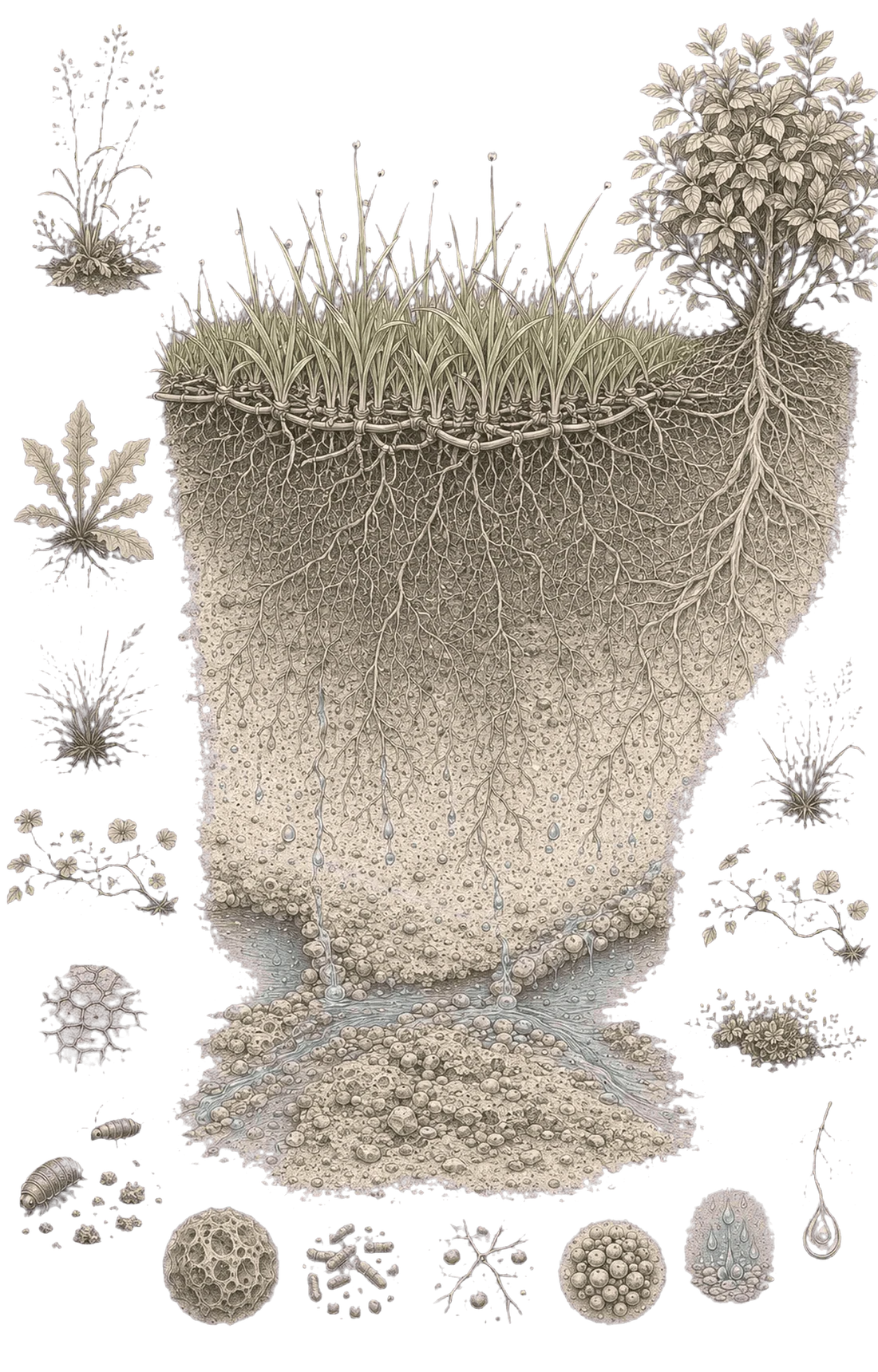 Cross-section drawing of turf and its root zone, showing soil structure, root depth, water movement and common lawn weeds and pests