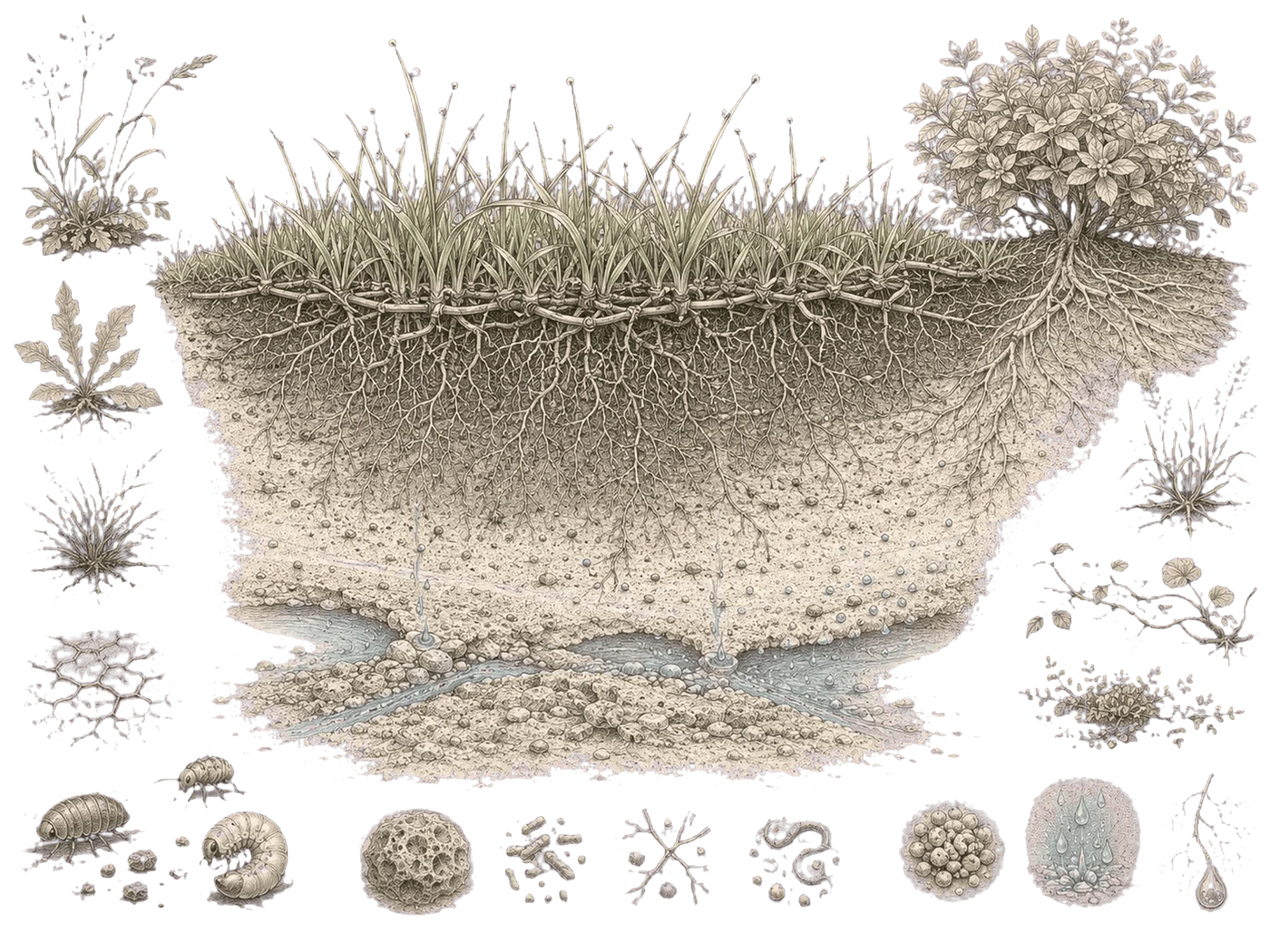 Cross-section drawing of turf and its root zone, showing soil structure, root depth, water movement and common lawn weeds and pests