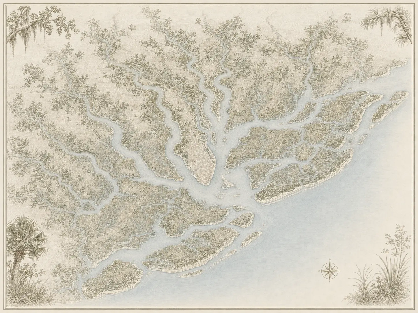 Illustrated overview of Charleston Harbor, the peninsula, surrounding rivers, marshes and Lowcountry islands served by Priority Landscaping.