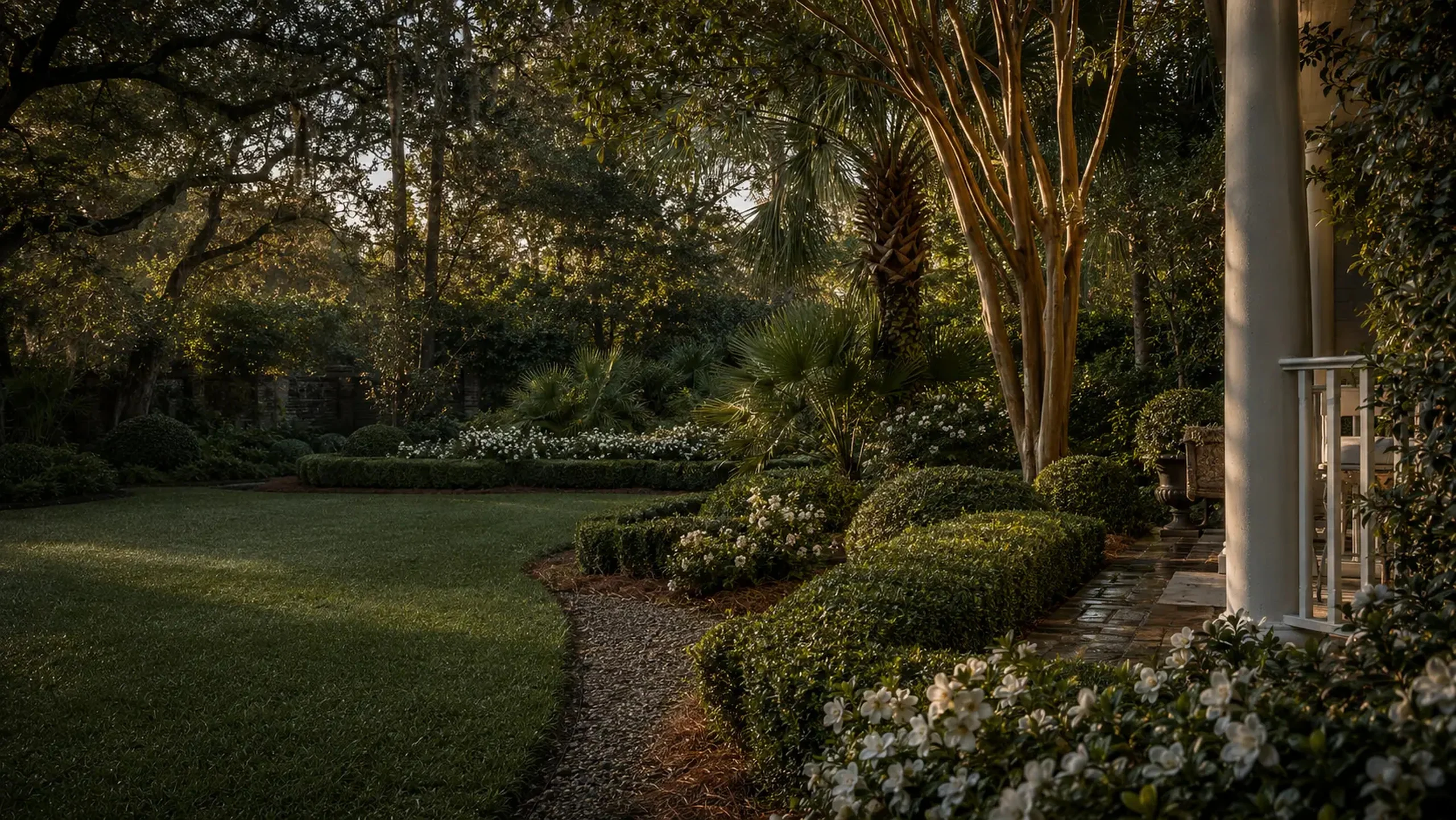 Morning light across a manicured lawn, clipped hedges and a stone-edged bed — art direction for landscape maintenance