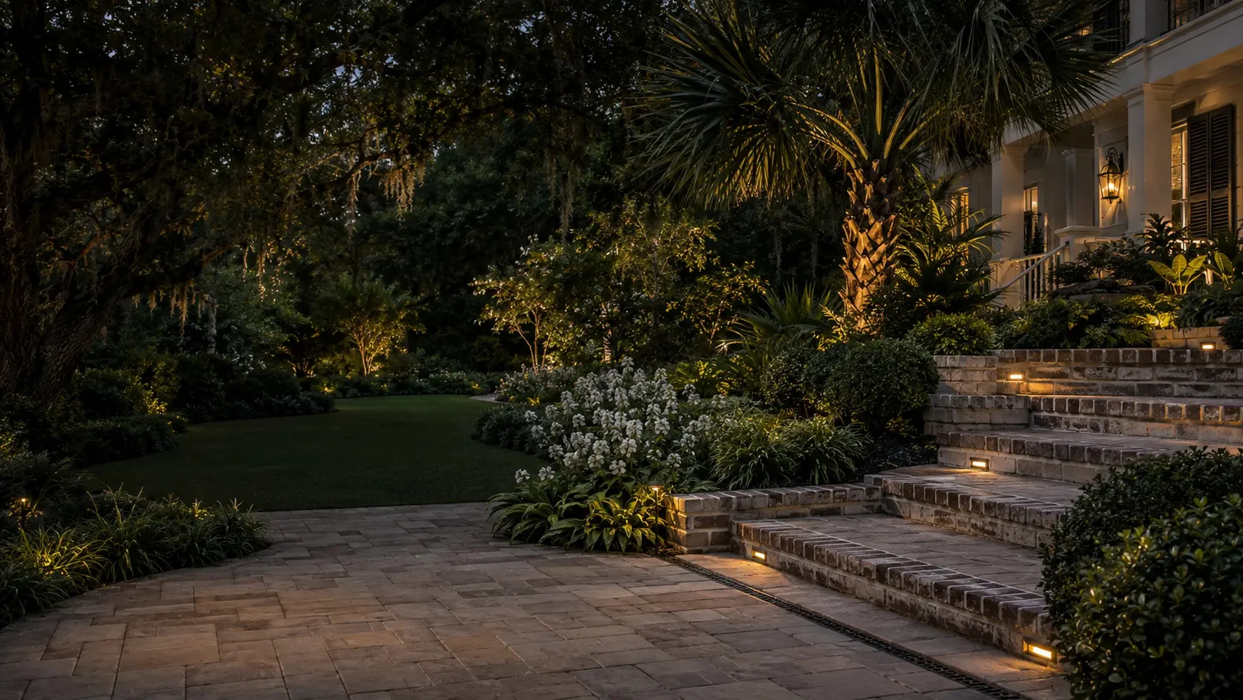 Twilight garden terrace with brick steps, a lantern-lit wall and layered evergreen planting — art direction for landscape design and installation