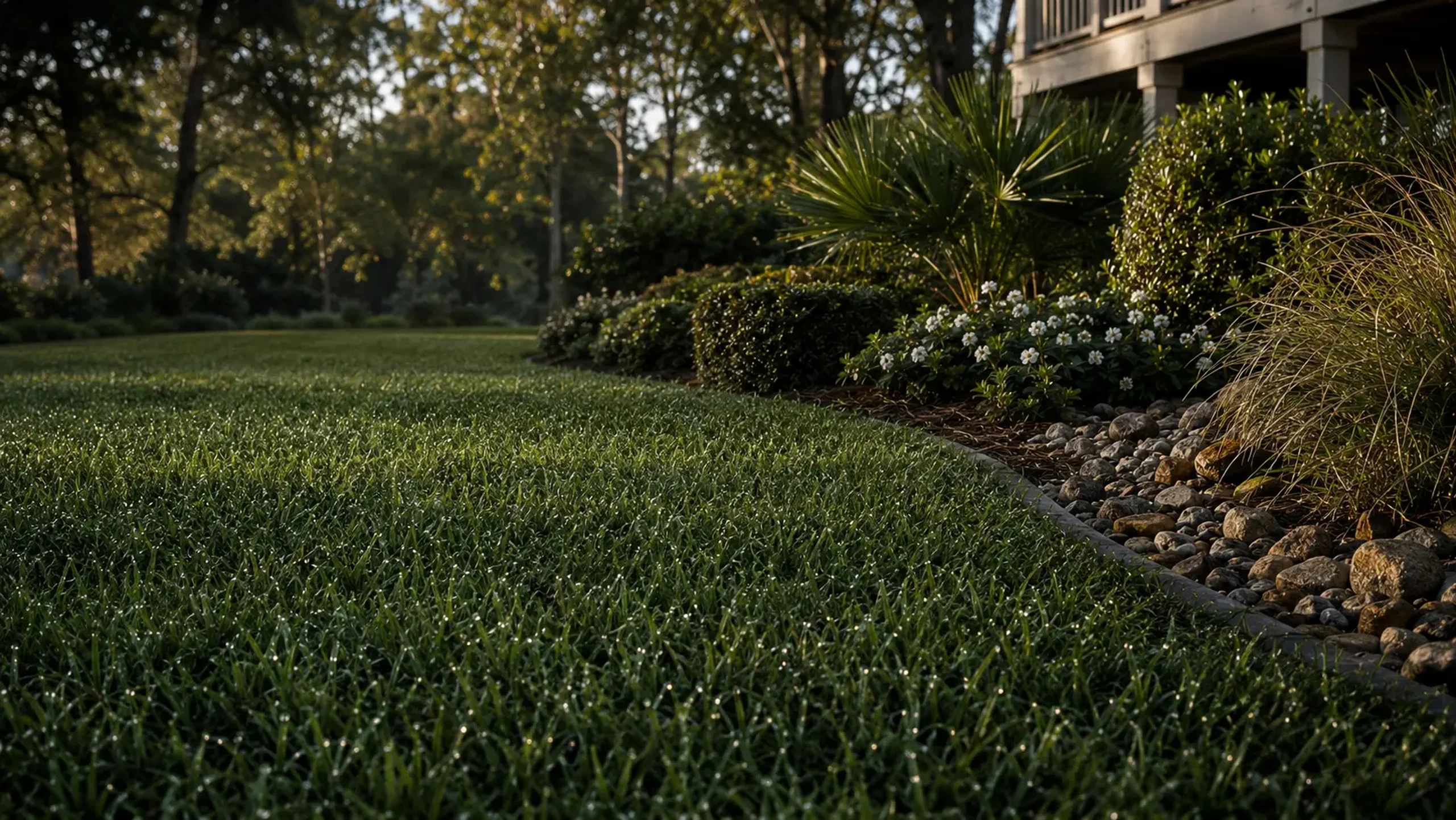 Dense green lawn meeting a stone-edged planting bed at golden hour — art direction for turf management