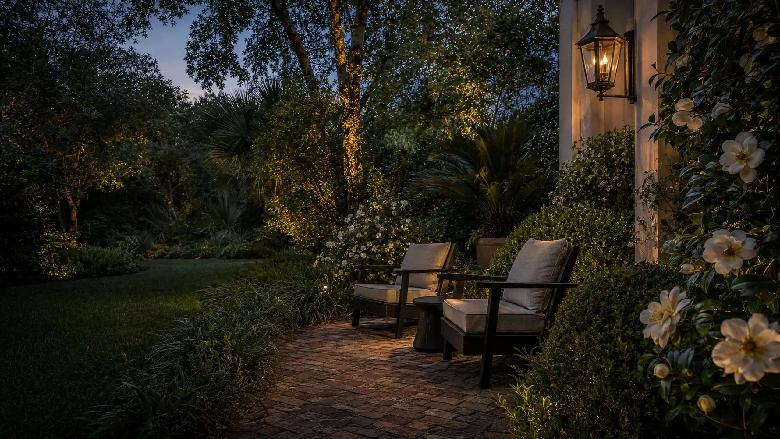 Lantern-lit brick terrace with two chairs beside a lawn at dusk — art direction for mosquito, tick and flea control