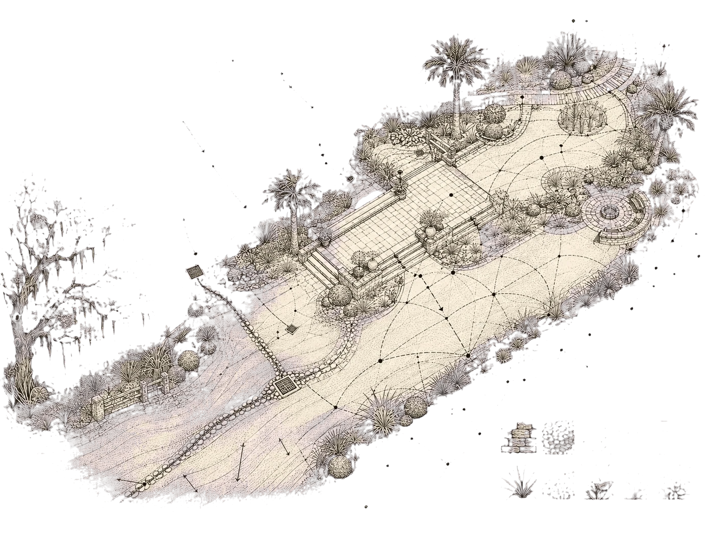 Hand-drawn landscape master plan showing bed layouts, hardscape geometry, drainage runs and plant placement