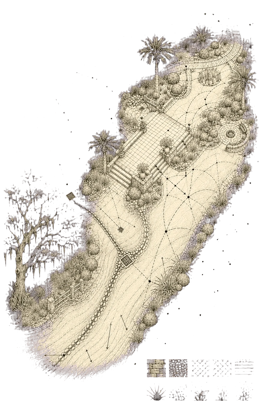 Hand-drawn landscape master plan showing bed layouts, hardscape geometry, drainage runs and plant placement
