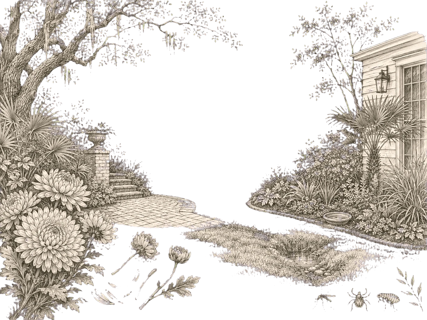Drawing of a Charleston garden showing the shaded beds, low plantings and standing-water areas where mosquitoes, ticks and fleas gather