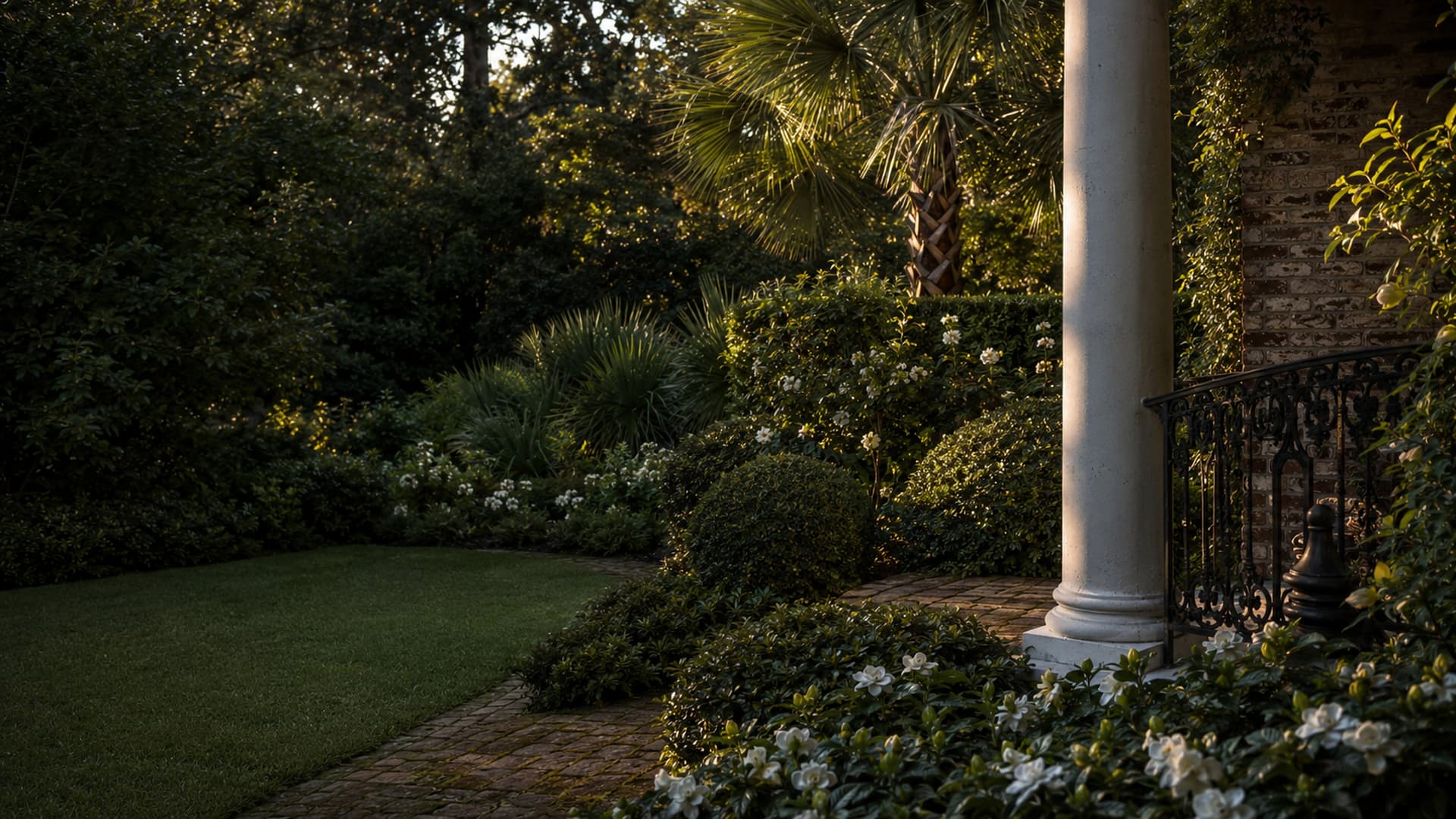 Immaculately maintained Charleston garden with piazza column, historic brick and Lowcountry planting in morning light.
